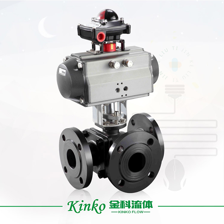 Pneumatic flanged three-way ball valve made of cast steel