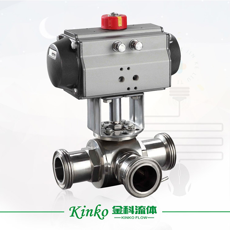 Pneumatic sanitary three-way ball valve